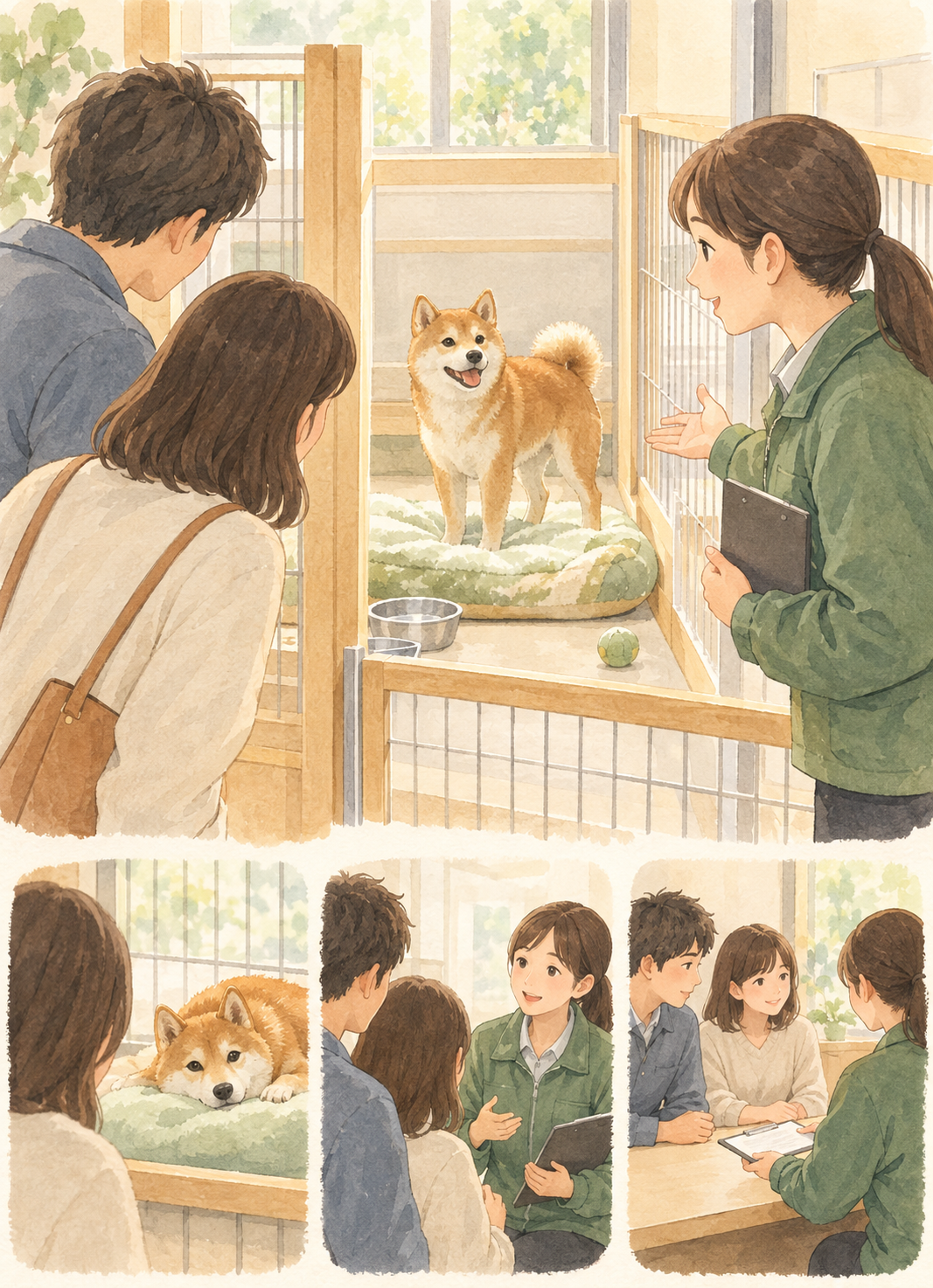 見学者が案内する人とともに柴犬と飼育場所を確認し、個体の説明や迎えた後の連絡について尋ねる様子。