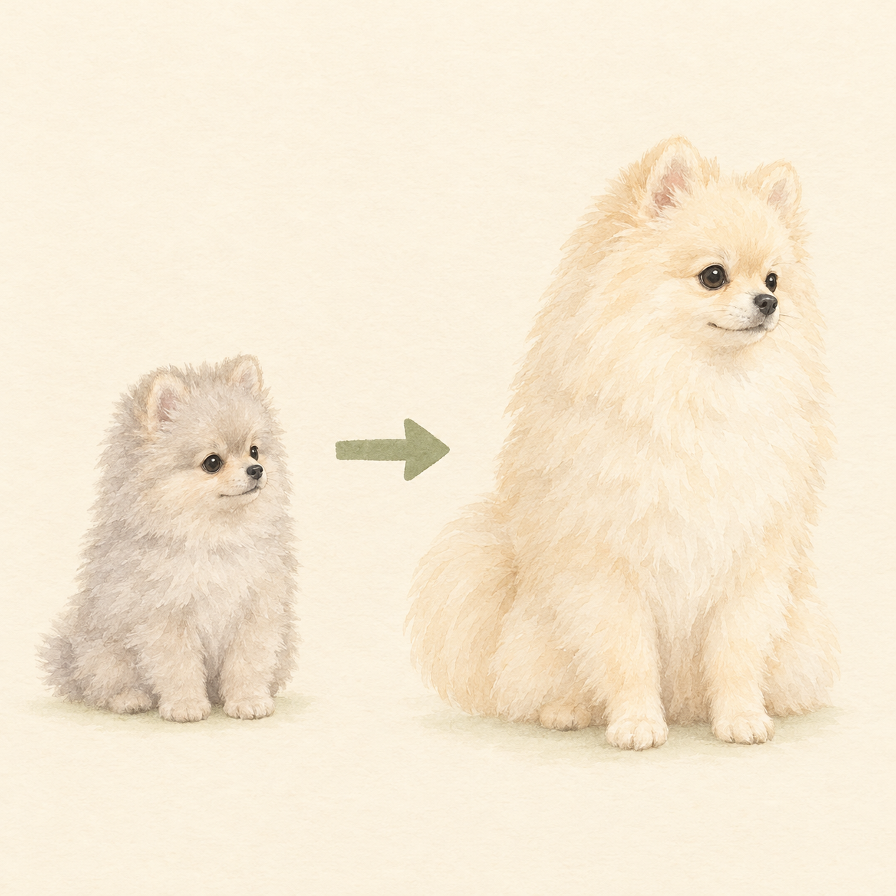 銀色がかった被毛のポメラニアンの子犬と、淡いクリーム色の成犬を並べ、子犬から成犬へ色が変わる向きを矢印で示したイラスト。