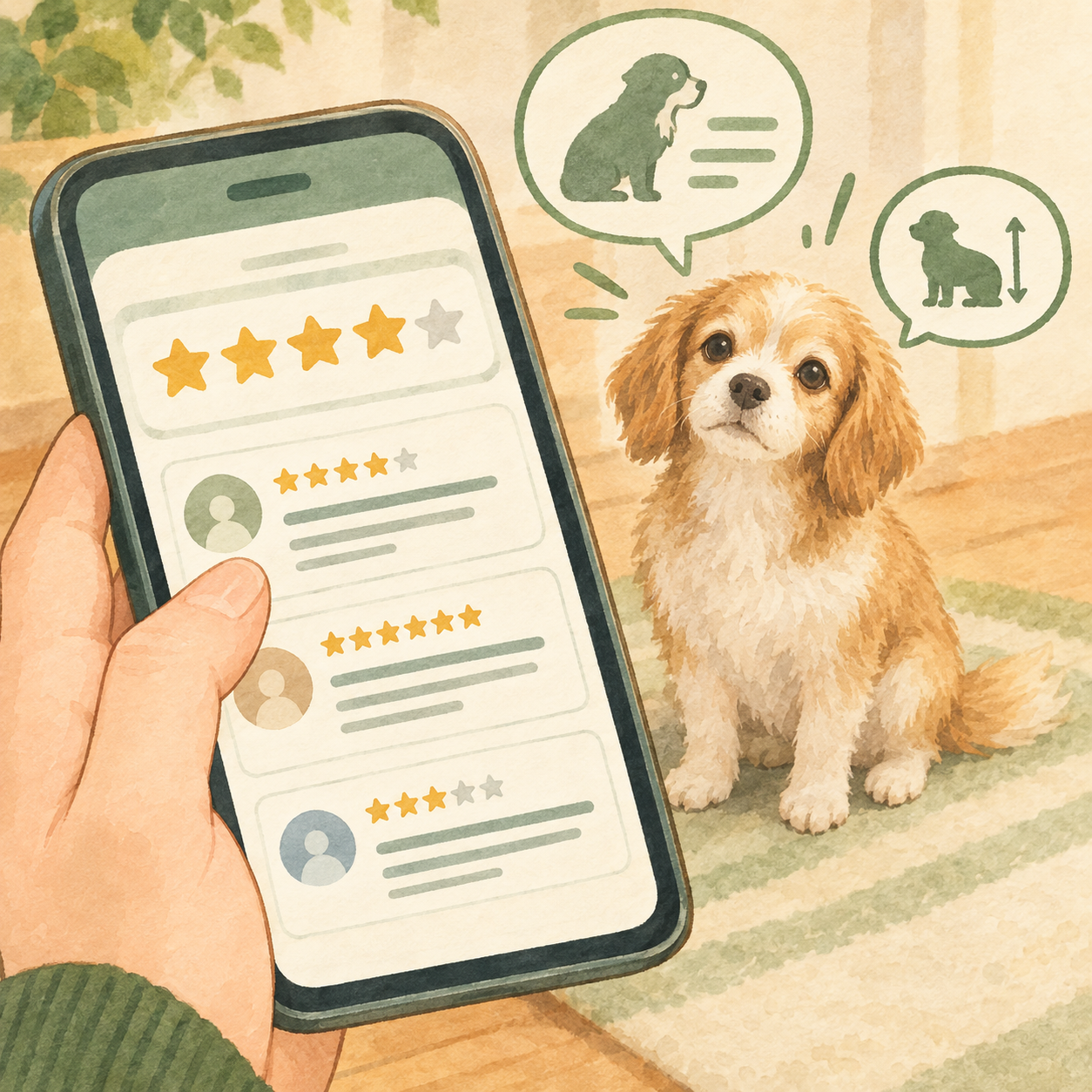 スマホのレビュー画面と小型犬を見比べる様子