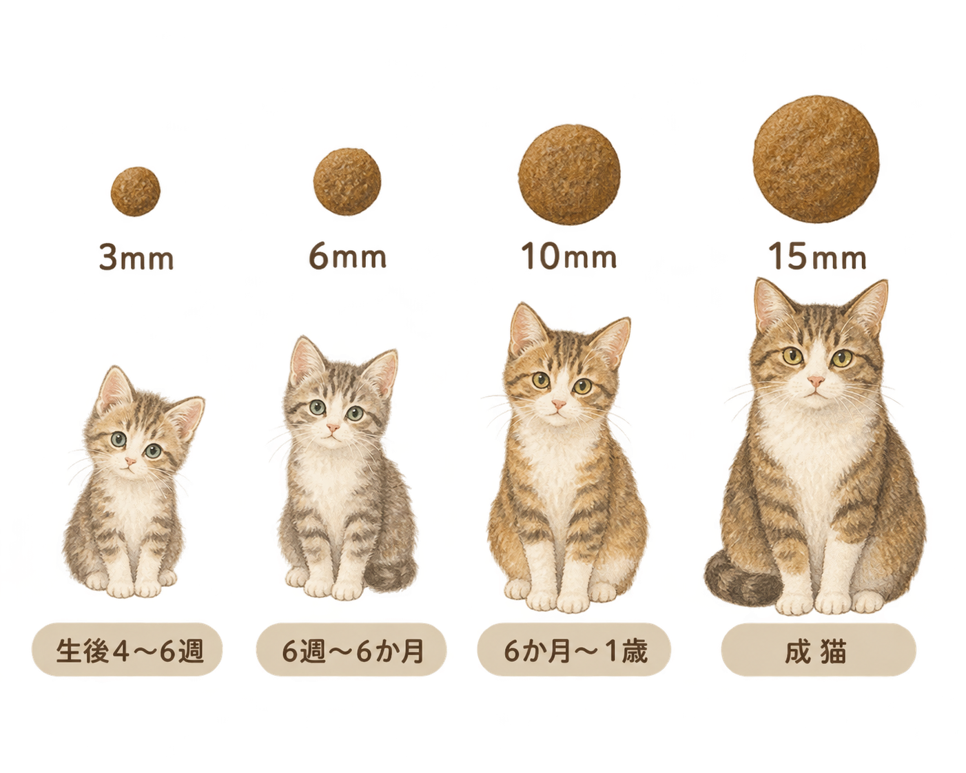 子猫の月齢別ドライフード粒サイズの目安。3mmから15mmまで4段階の粒を並べ、生後週数ごとの目安を表示