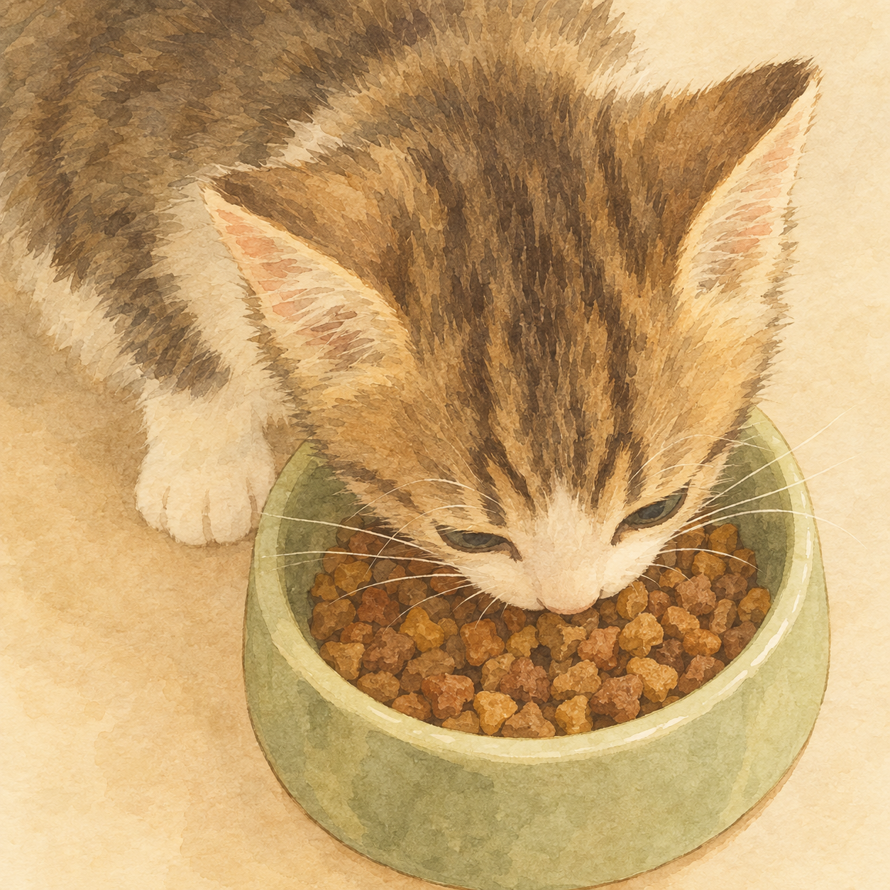 ドライフードを食べる子猫の様子を上から観察する視点
