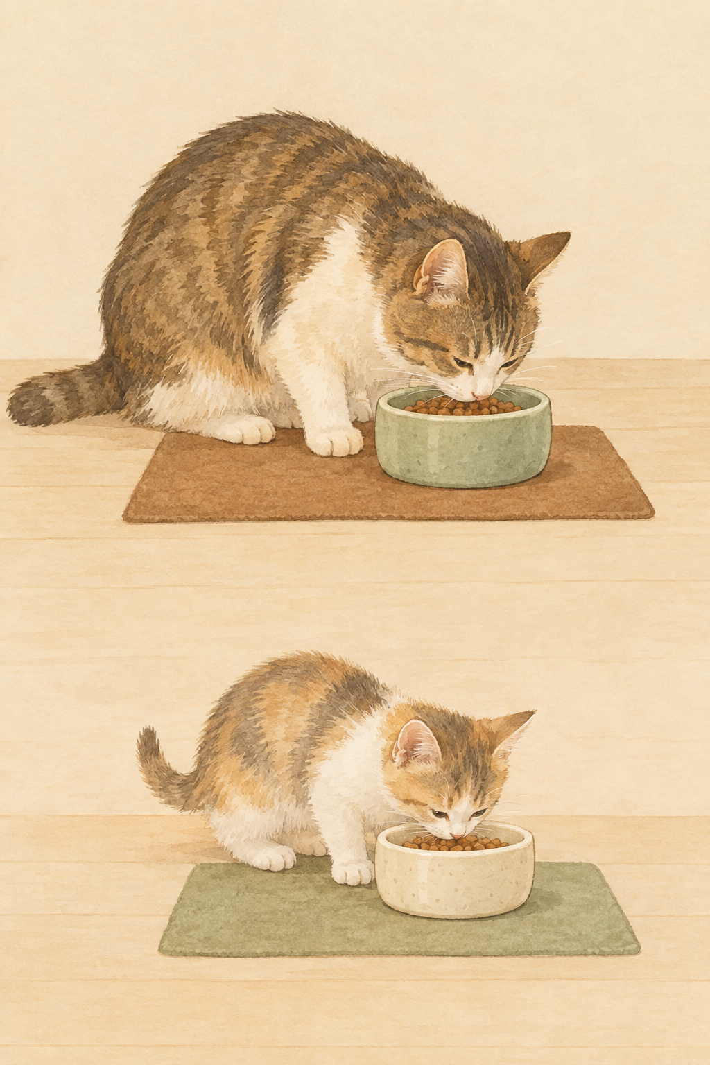 先住猫と子猫が離れた場所で、それぞれ別の器から食べている。食事場所を分けると、個別の食事量を確認しやすい。
