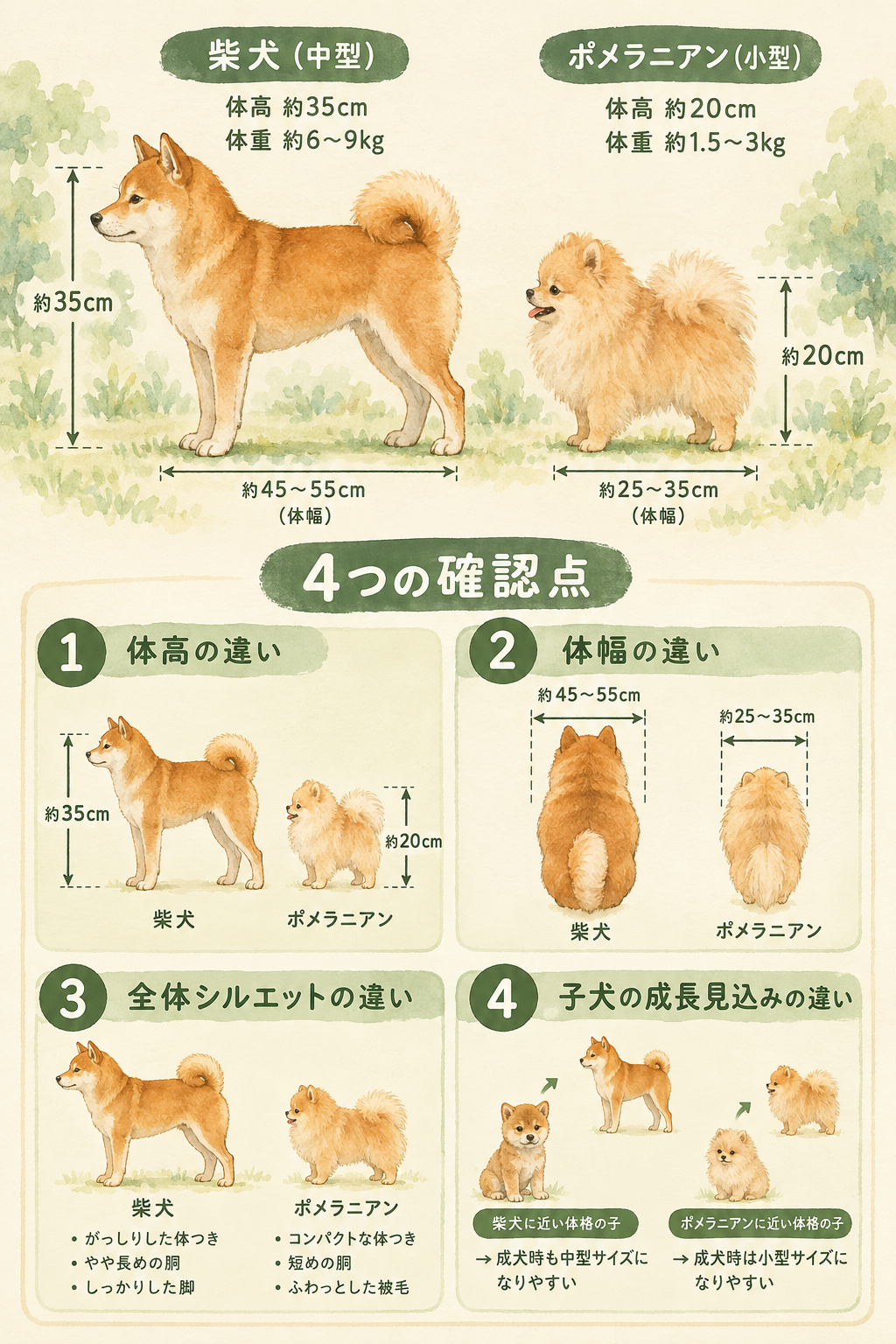 柴犬とポメラニアンの成犬時体格比較。左側に柴犬、右側にポメラニアンが並んだ側面イラスト。体高の差(柴犬が顕著に大きい)、体幅、足の太さ、毛のボリューム感が対比される。