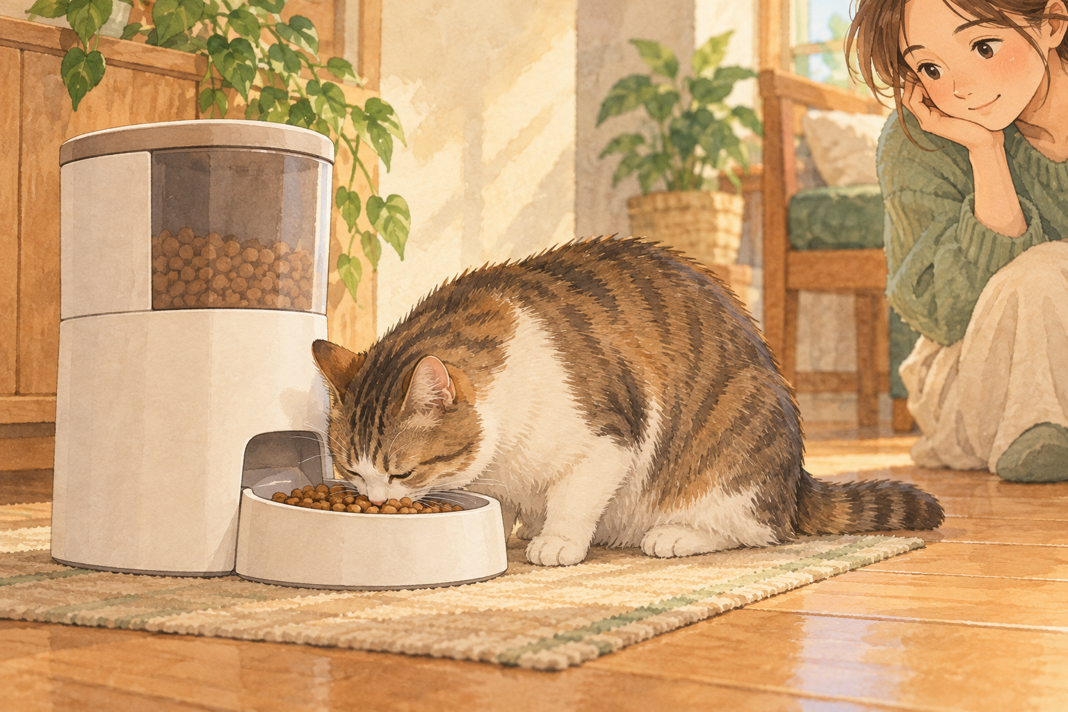 自宅で自動給餌器を試し、フードが出て猫が食べる様子を飼い主が確認している。