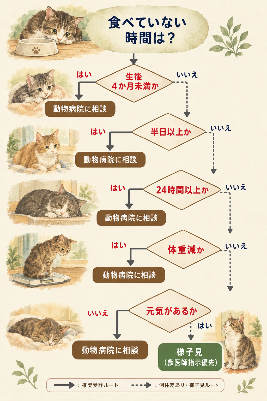 子猫が食べない場合の受診判断フロー。月齢、経過時間、体重減少、元気の有無から『動物病院に相談』か『様子見』かを判断する