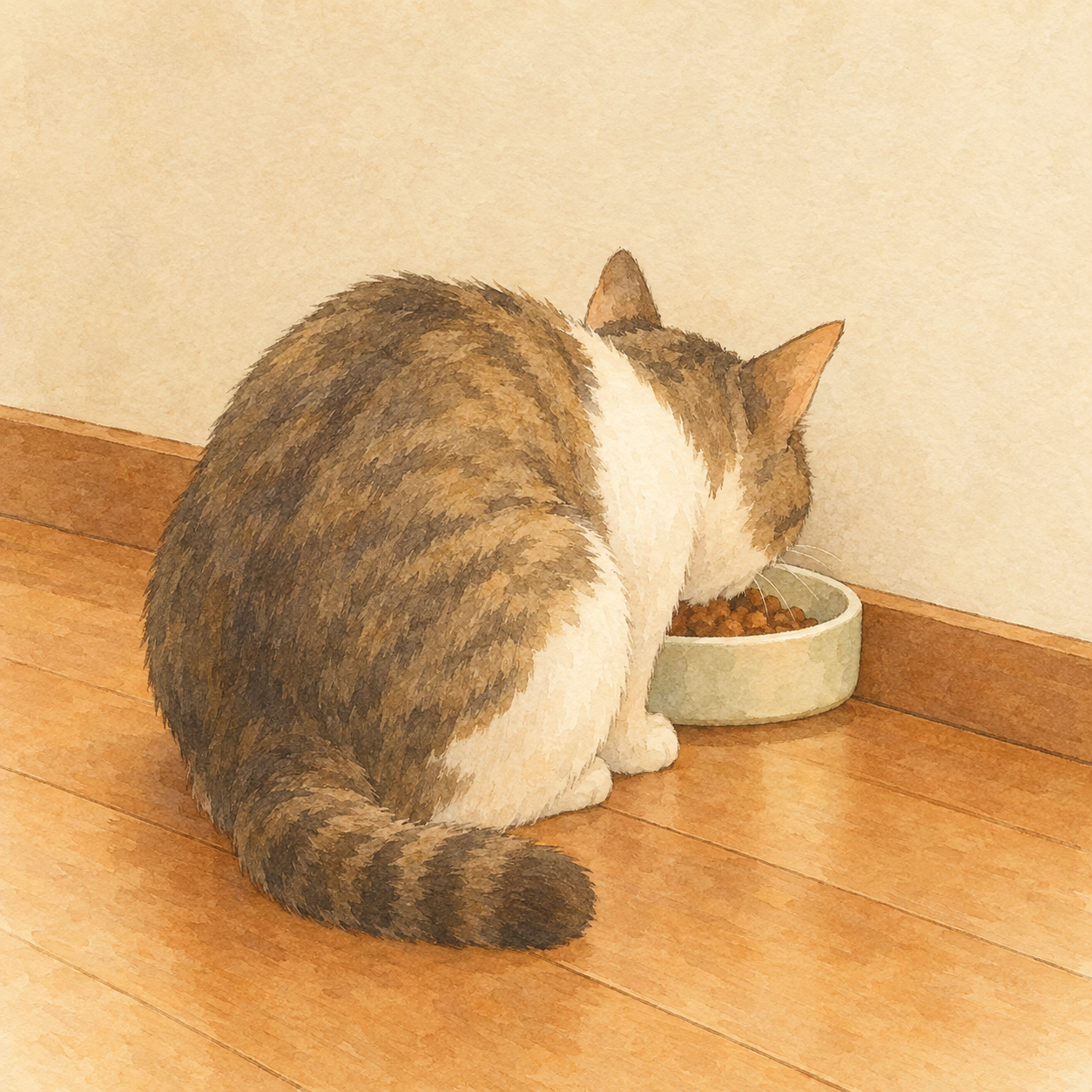 落ち着いて食事ができる静かな室内の壁際に置かれた食器と猫