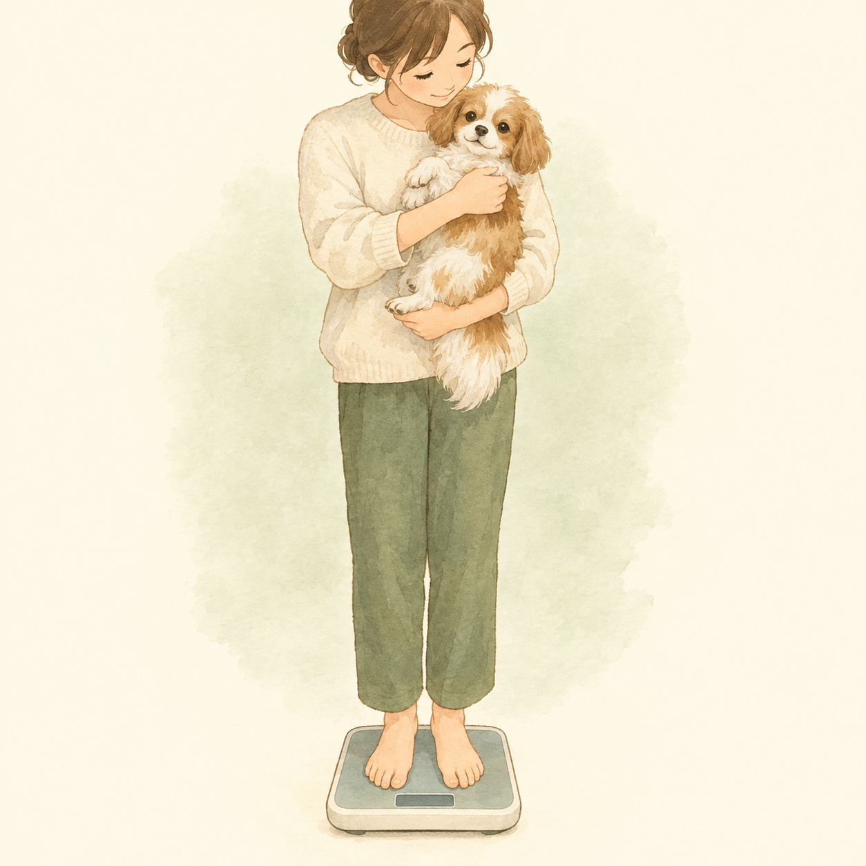 愛犬を抱きかかえて人間用体重計に乗る飼い主