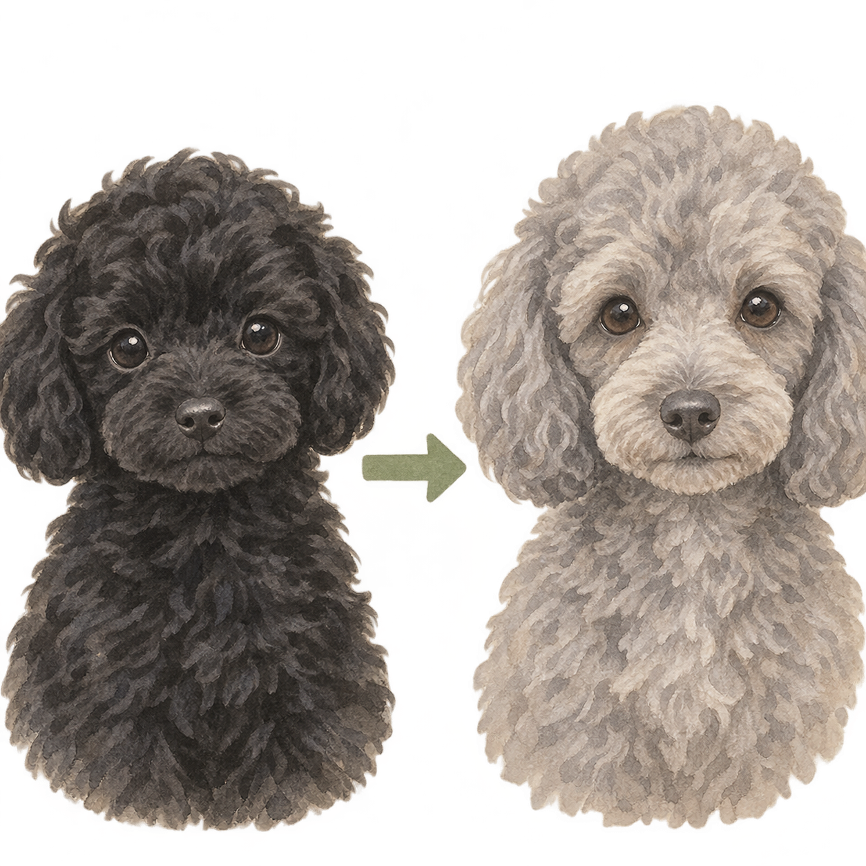 黒い子犬のトイプードルが成長に伴って毛色が退色していくイメージ