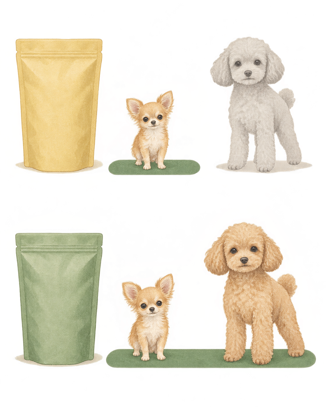 成犬用2製品の対象体格の違いを示す図。シュプレモ「超小型犬4kg以下用」は超小型犬のみが対象で、ロイヤルカナン「ミニ インドア アダルト」は給与量表が体重2〜10kgの範囲で小型犬まで含むことを、犬の大きさと帯の長さで表している。