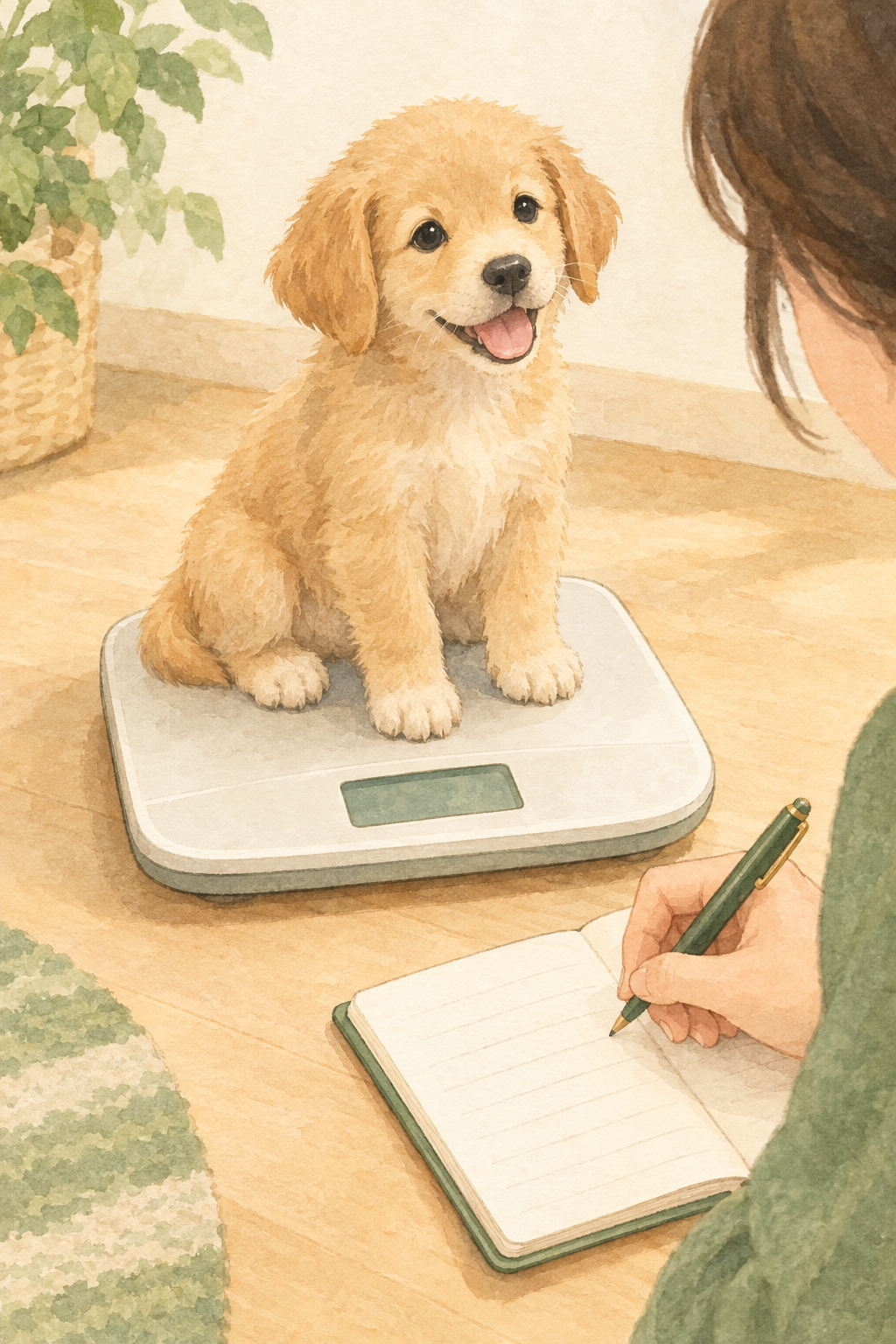 子犬を同じ体重計で測り、ノートに体重を記録する様子