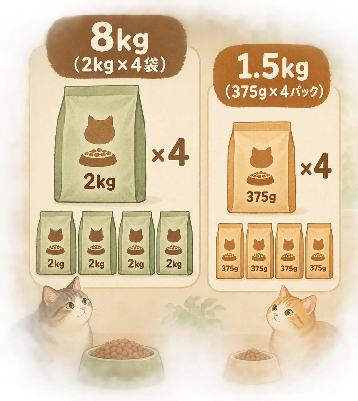 2つのDCM猫用フード商品の内容量比較。左側:ねこのごはん 8kg(2kg×4袋)。右側:猫グルメ 1.5kg(375g×4パック)。容量と小分け単位が異なることを並べて示す。