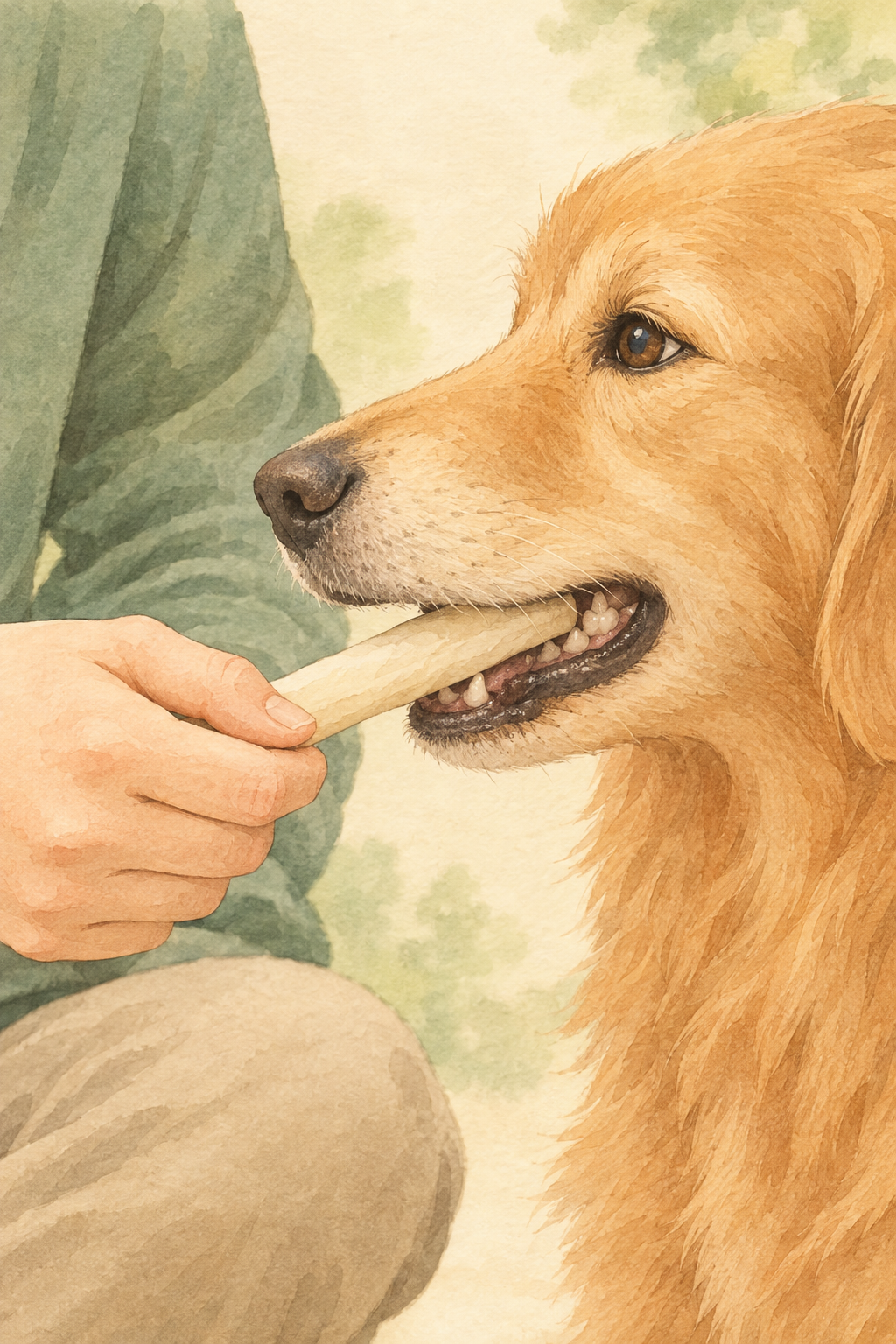 飼い主がガムを手で持ち、犬が奥歯側で噛む様子。反対側も噛ませる方法は本文で説明する。