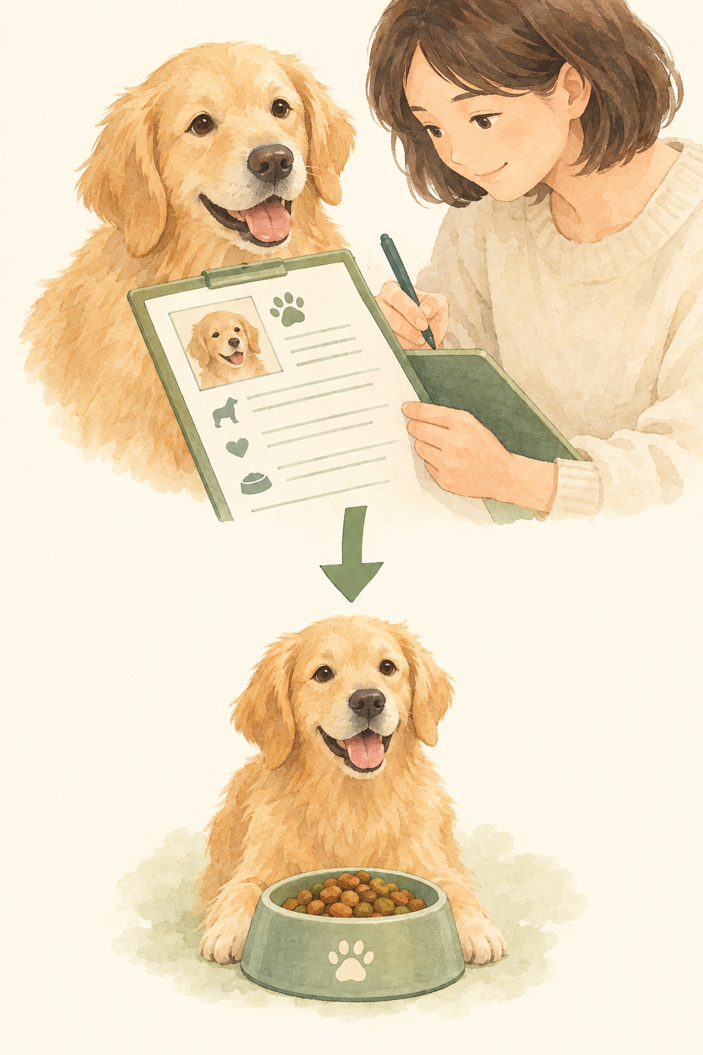 購入時に登録・更新した愛犬カルテの情報を基に、その犬向けのフードを個別に設計する流れ