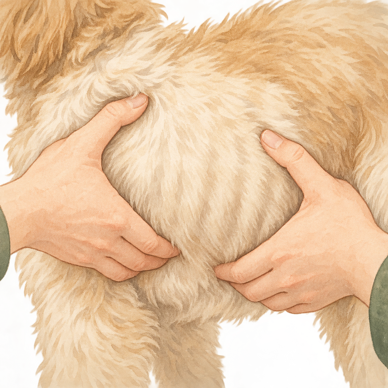 小型犬の肋骨付近を両手で触って体型を確認している様子