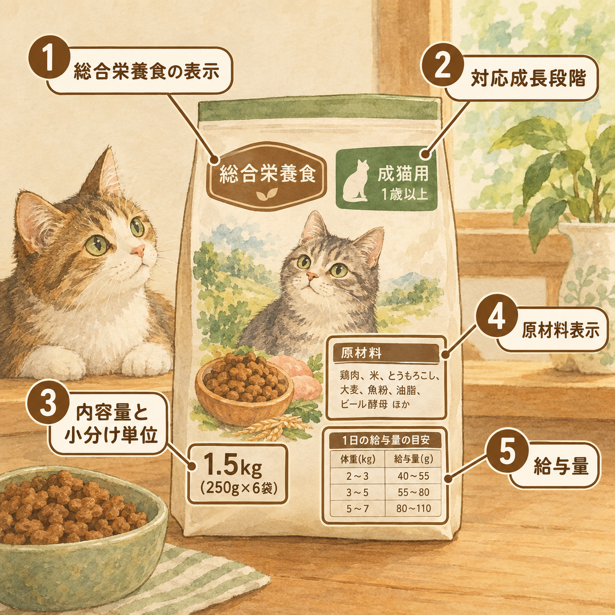 ドライキャットフードパッケージの表示確認ポイント図。パッケージに5つの番号を付けて主要確認項目の位置を示す。総合栄養食の表示、対応する成長段階(成猫用など)、内容量と小分け単位、原材料表示、給与量の目安。各項目は本文の5ポイントと対応。