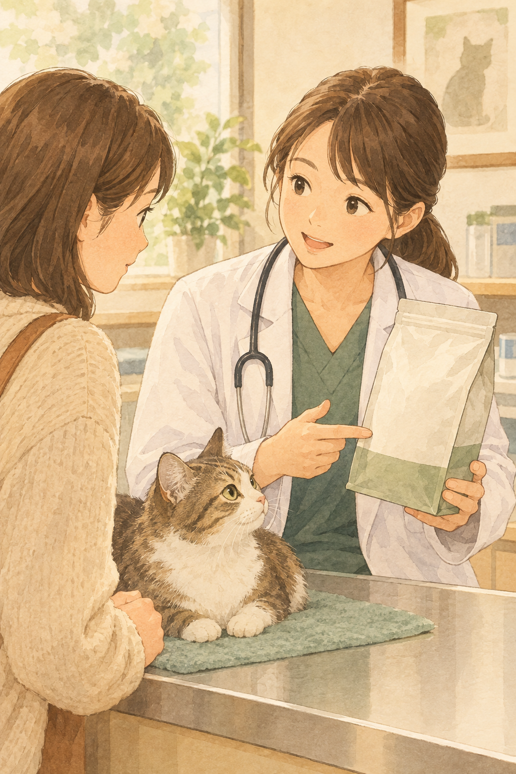 飼い主が猫用フードについて獣医師に相談している様子。動物病院向けの療法食は獣医師の指導に従って使用する。