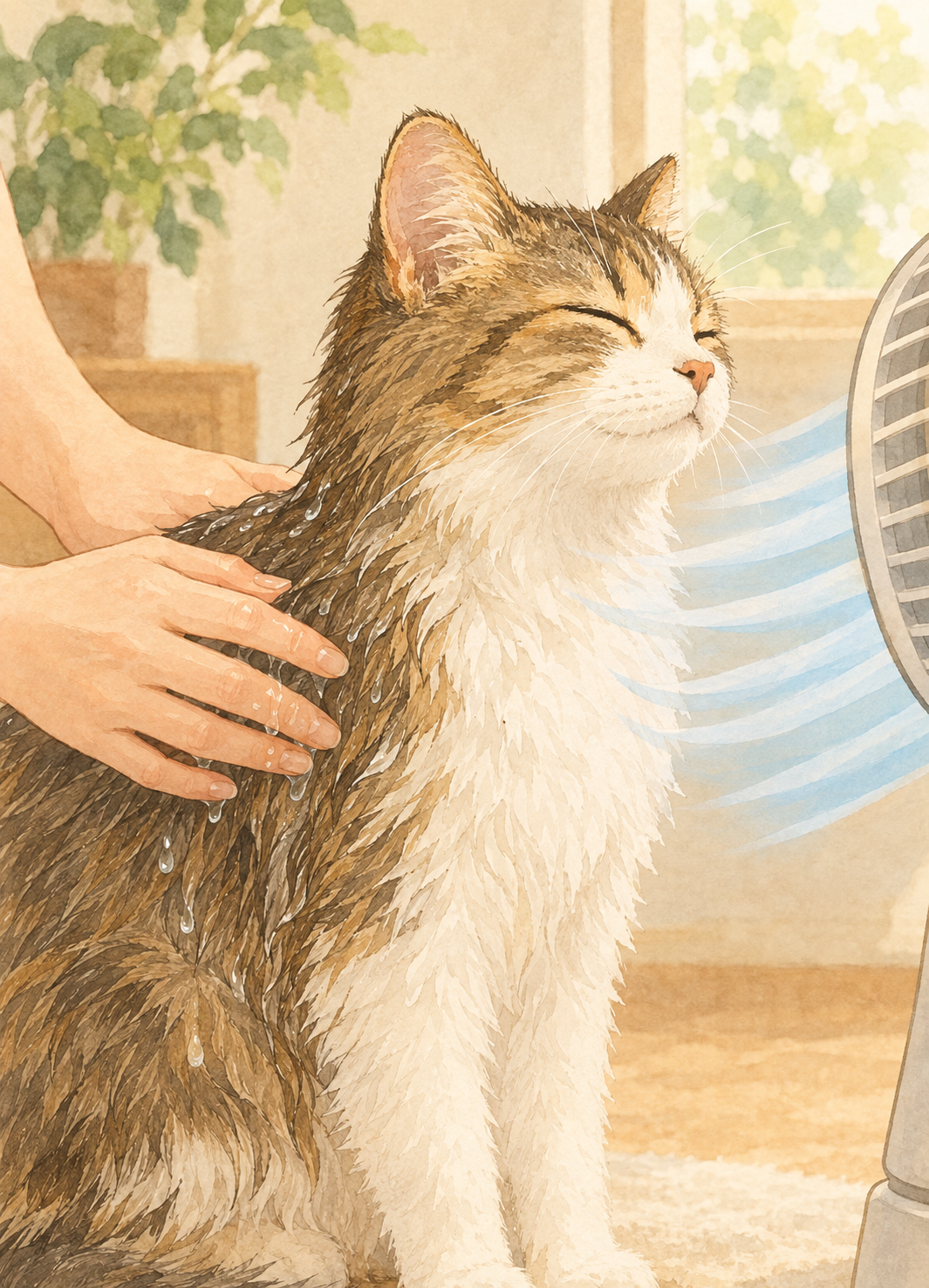 涼しい場所で猫の被毛をやさしく濡らし、横から風を送る応急対応のイラスト。