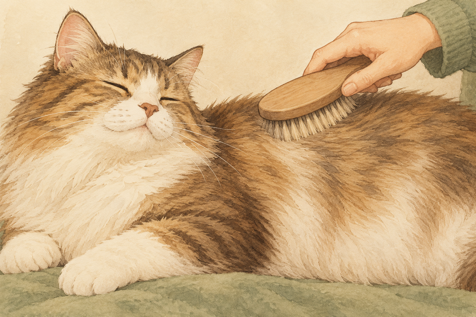 猫の胴体をブラシで手入れしている様子