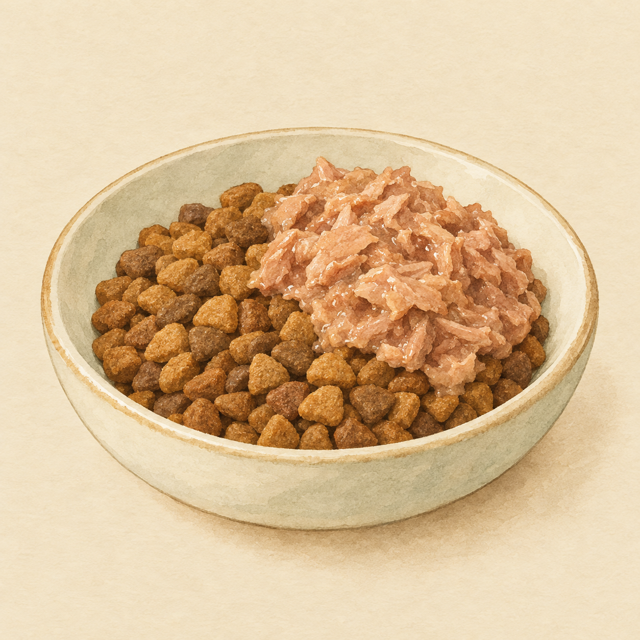 ドライフードにウェットフードをトッピングした食事の例