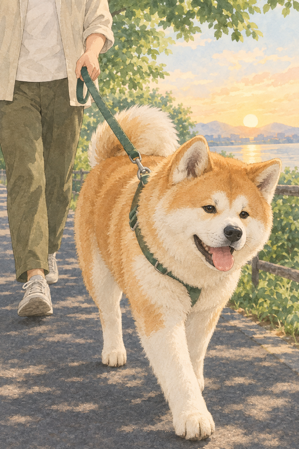 暑い季節の早朝、日陰の道でリードをつけて秋田犬を散歩させる飼い主