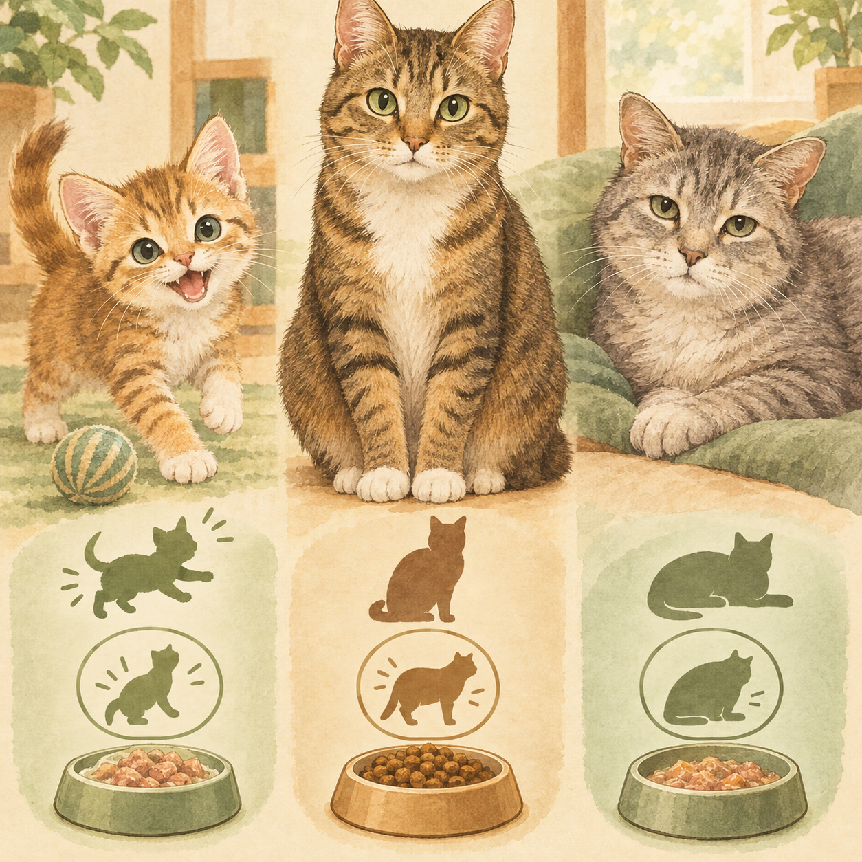 子猫、成猫、シニア猫の3段階を示す比較画像。左から小さく活発な子猫、標準体格の成猫、落ち着いた表情のシニア猫を配置。
