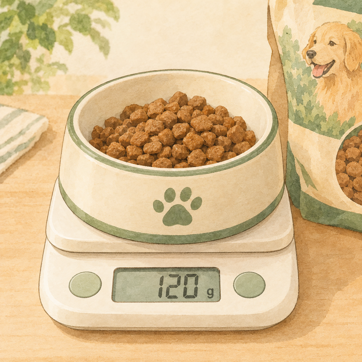 キッチンスケールの上に置かれた計量中のドッグフード