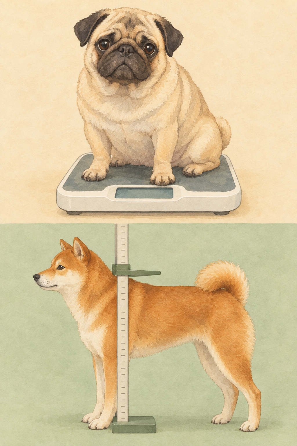 体重計に座るパグと、肩の高さを測定棒で測られている横向きの柴犬を上下に分けて描いた図。犬種標準ではパグは体重、柴犬は体高と、確認できる指標が異なることを示している。