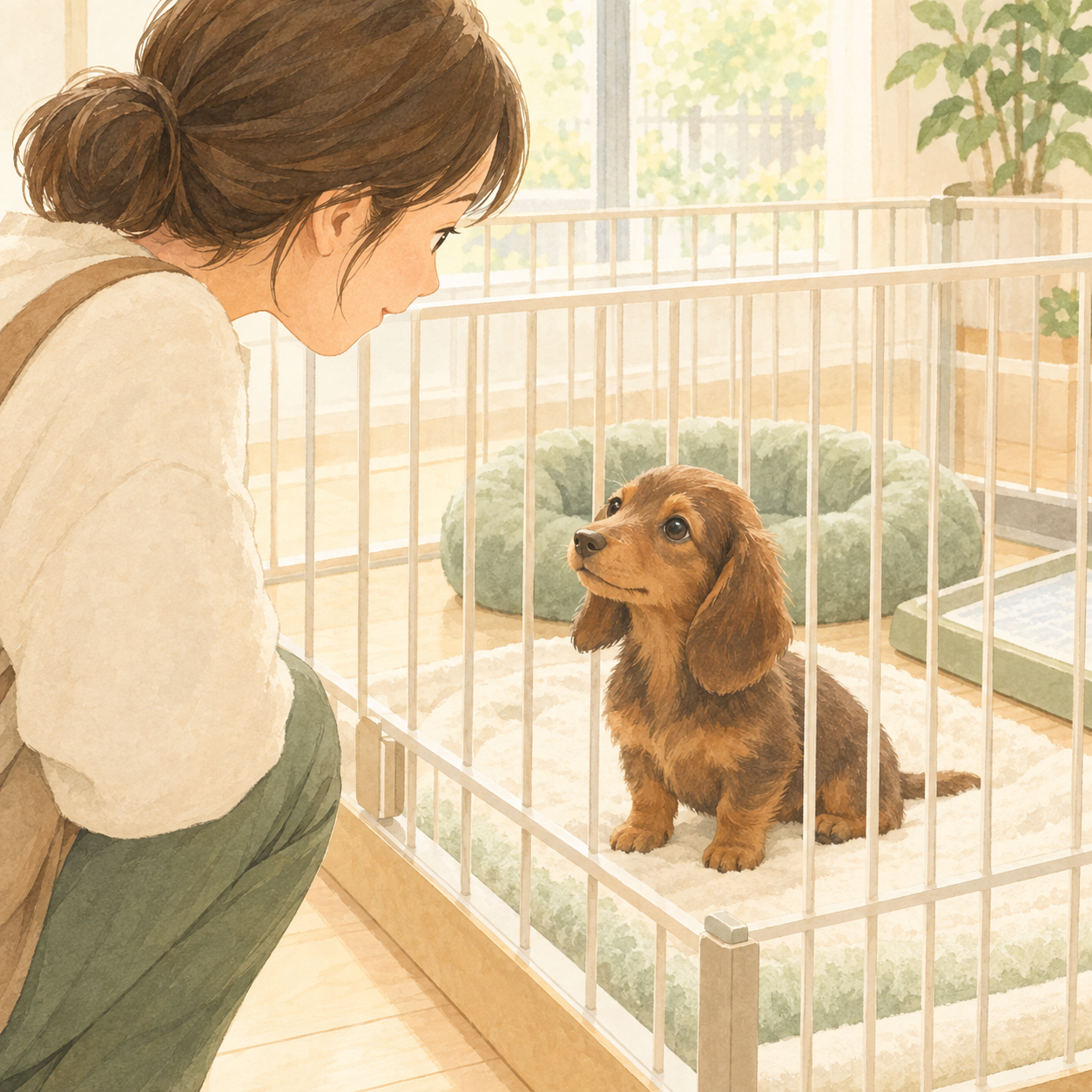 ブリーダーの施設でダックスフンドの子犬と飼育環境を見学する様子