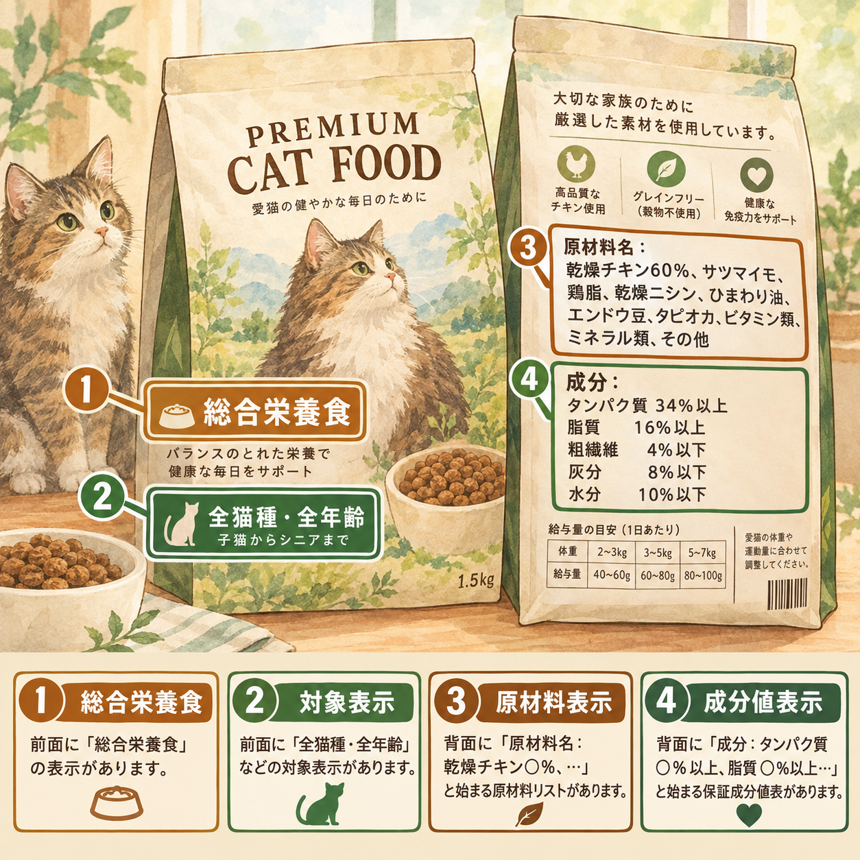 猫用フードのパッケージを斜めから撮影した写真。前面に総合栄養食表示と対象表示が、背面に原材料と保証成分値が見える。