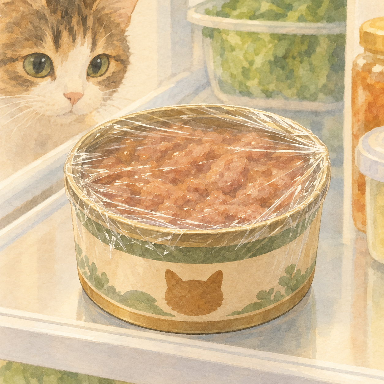乾燥や傷みを防ぐためにラップで密閉保存された開封済みのキャットフード