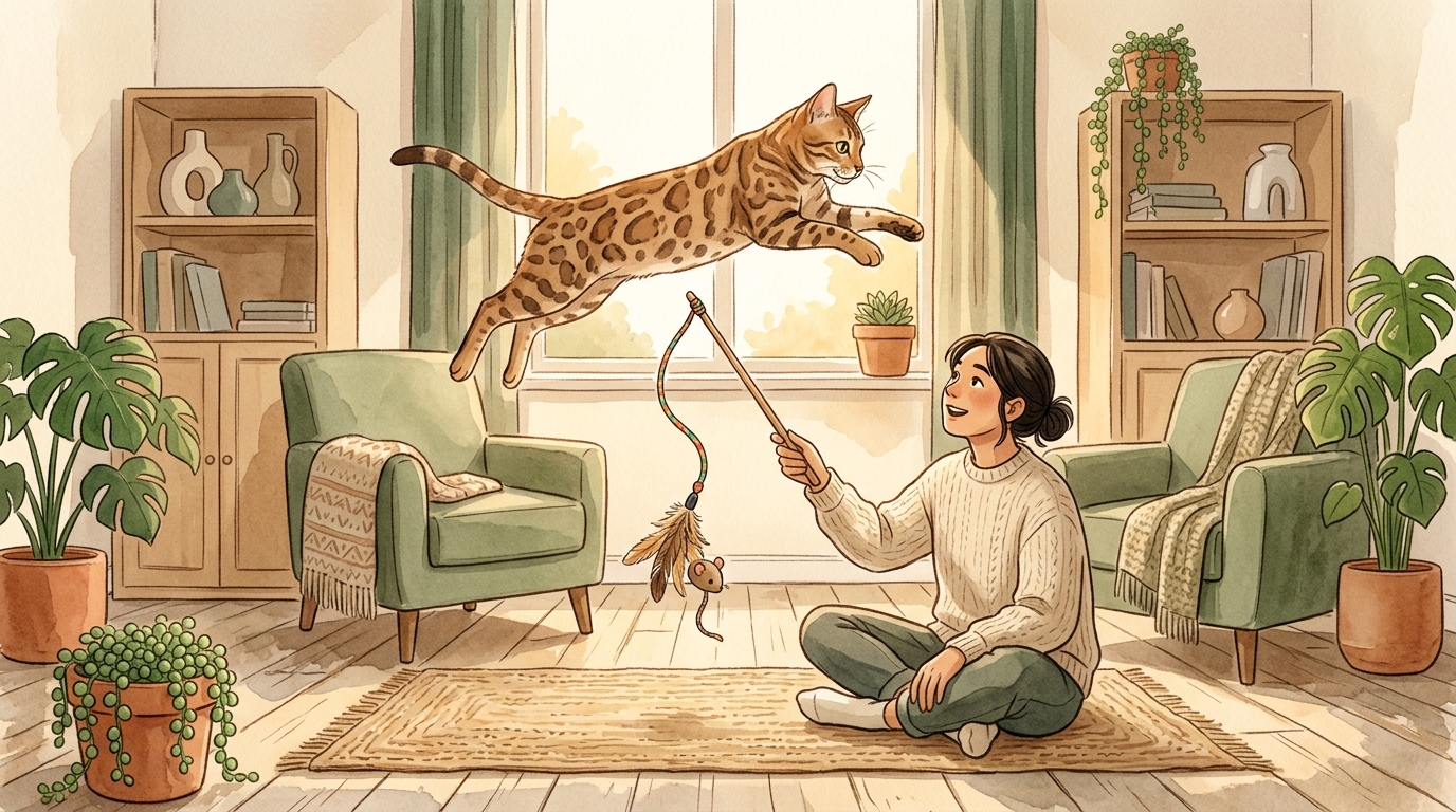 ベンガル猫の性格2026年版｜活発な気質・飼いやすさ・多頭飼いとの相性まで解説 - ベンガル猫の運動量と遊びの工夫3選