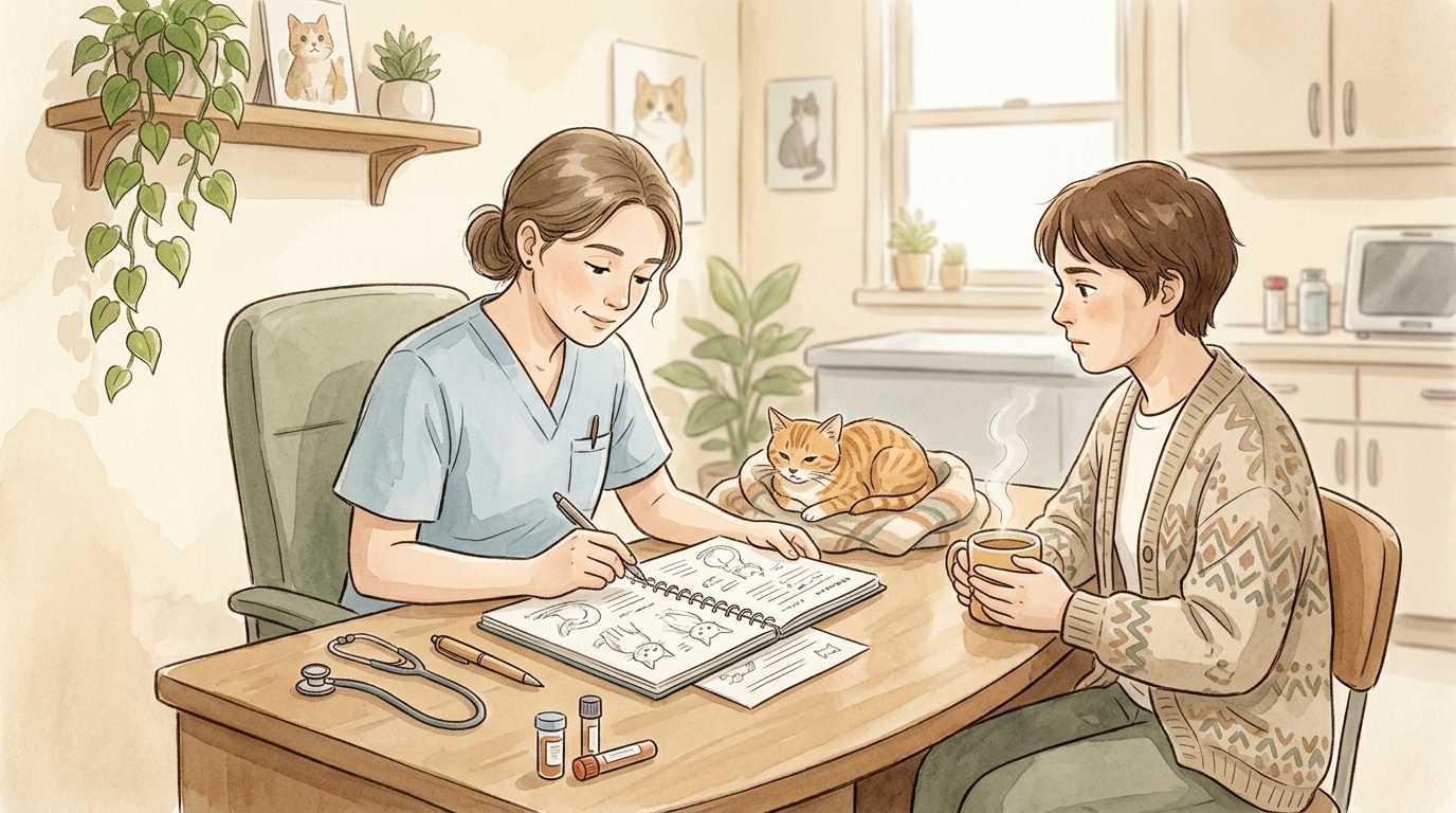 猫が吐いたものがうんちみたいな臭い・色2026年版｜危険サインの見分け方と緊急受診の目安 - 受診までの間にできる4つの対応