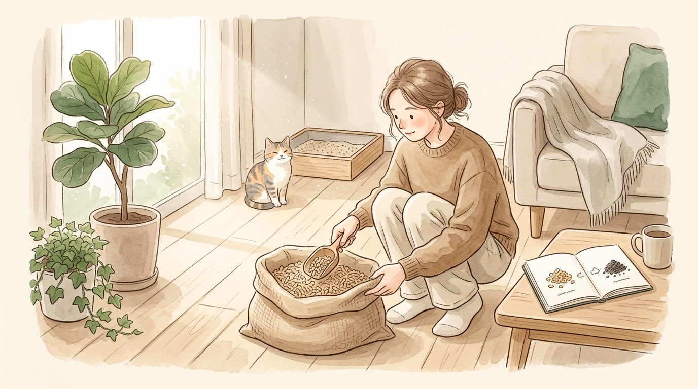 猫砂おすすめ比較2026年版|素材別(鉱物・紙・木・シリカ)の特徴と選び方 - 木系猫砂が向いている人の3つの特徴