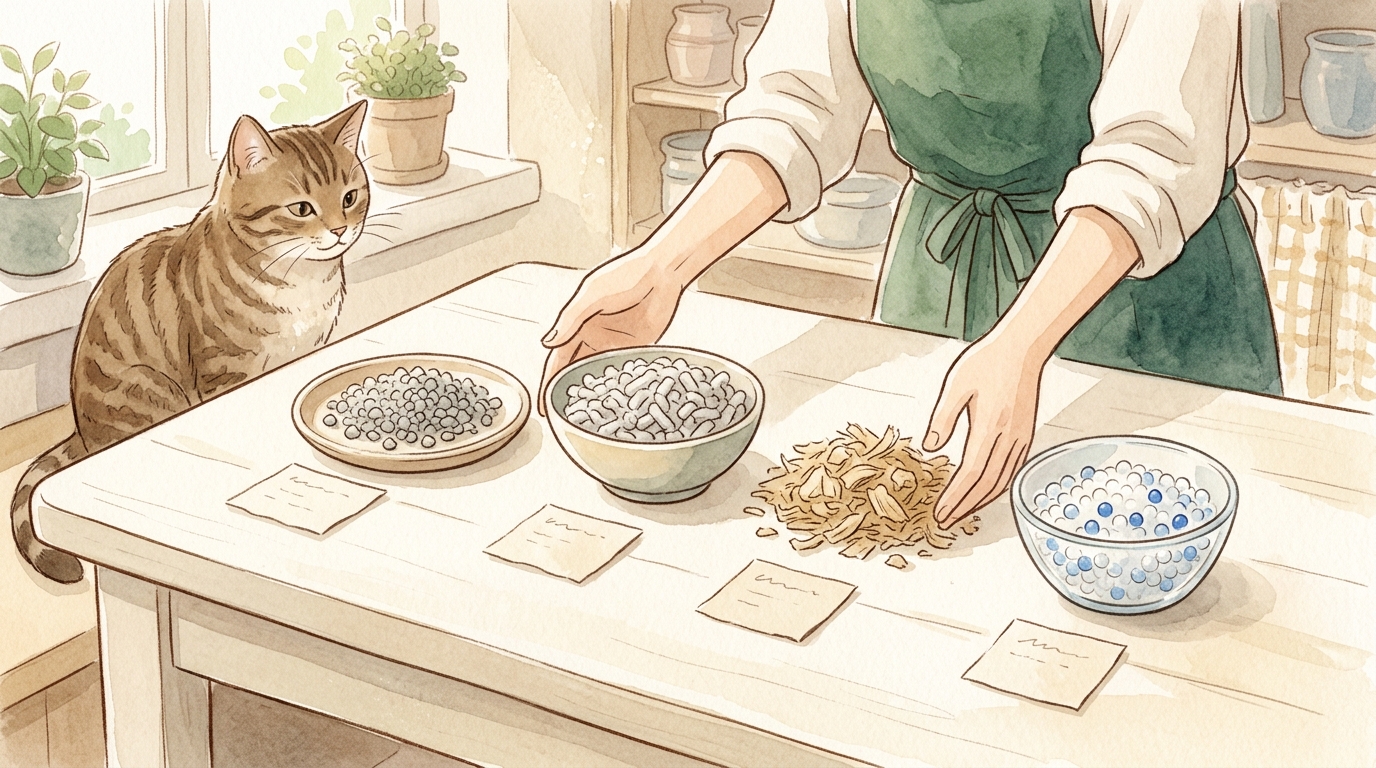 猫砂おすすめ比較2026年版|素材別(鉱物・紙・木・シリカ)の特徴と選び方 - 猫砂選びで失敗しない5つのチェックポイント