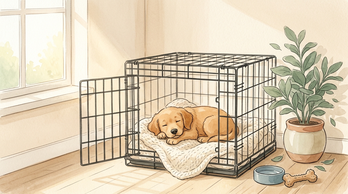 子犬の留守番トレーニング完全手順【2026年】 - クレートトレーニングのステップアップ手順