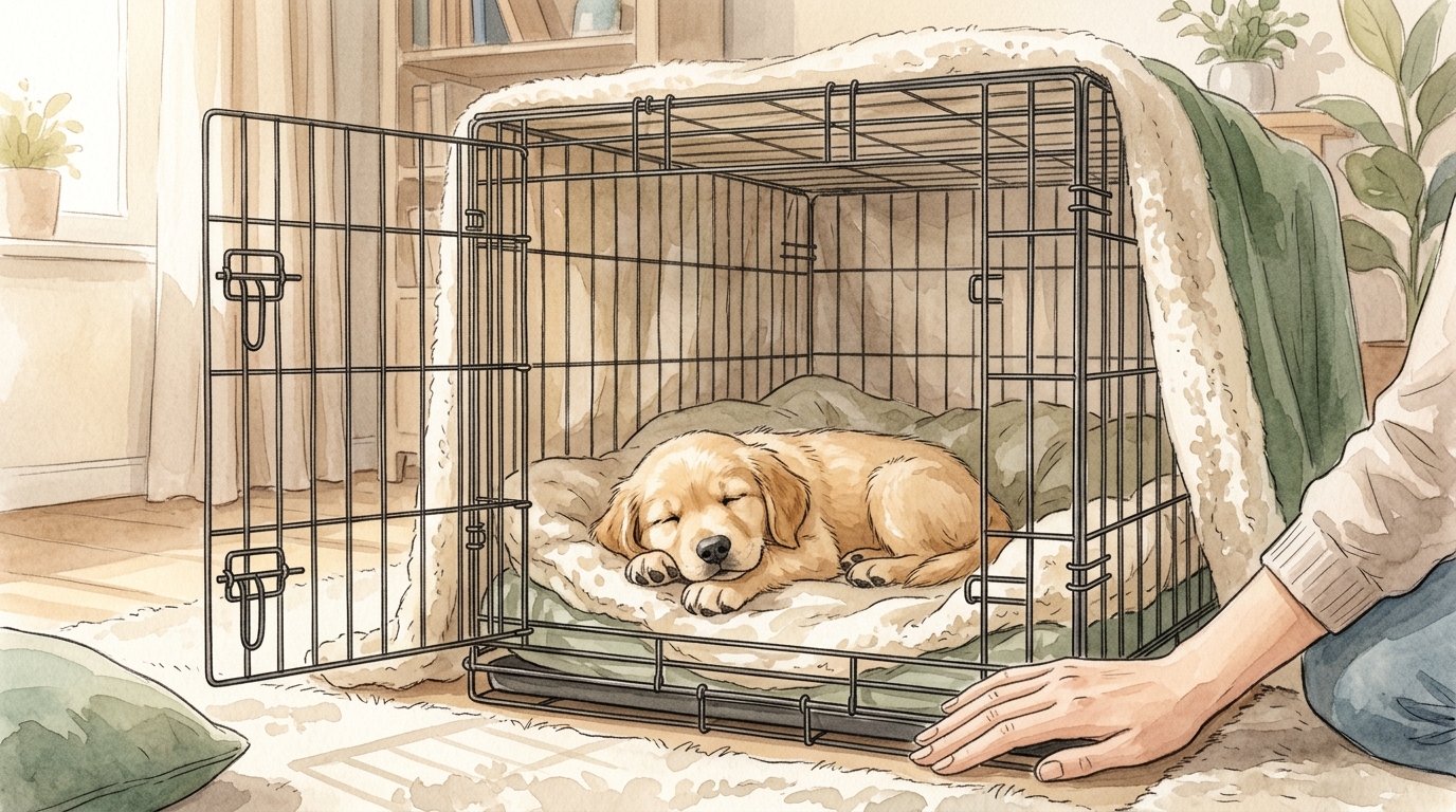 子犬のクレートトレーニング完全ガイド【2026年】 - クレートの選び方|素材・サイズ・形状の基本