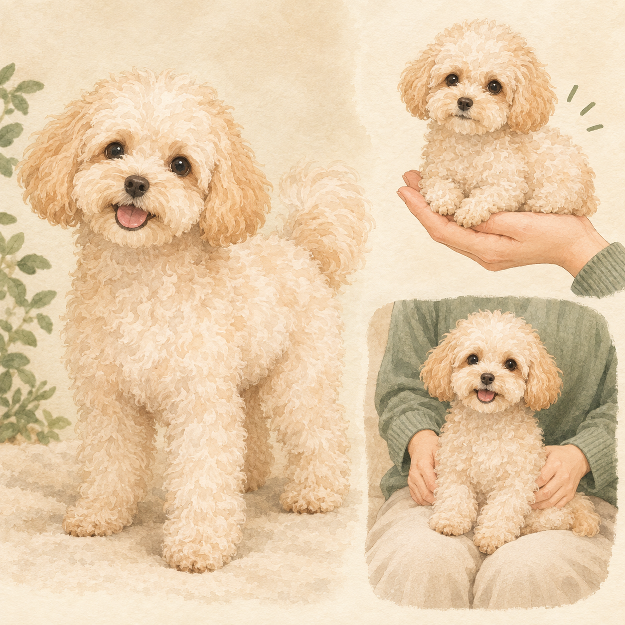 トイプードル譲りの華奢さとビションフリーゼ譲りのボリュームを兼ねたビションプーの成犬。フワフワで柔らかい綿毛のような白系またはアプリコット系の毛色。人間の手のひらサイズを示す小型犬。