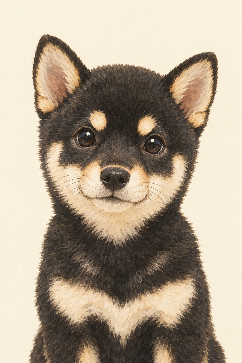 黒い被毛に目の上の斑(四つ目)と胸元の淡色部が確認できる黒豆柴の子犬の正面上半身