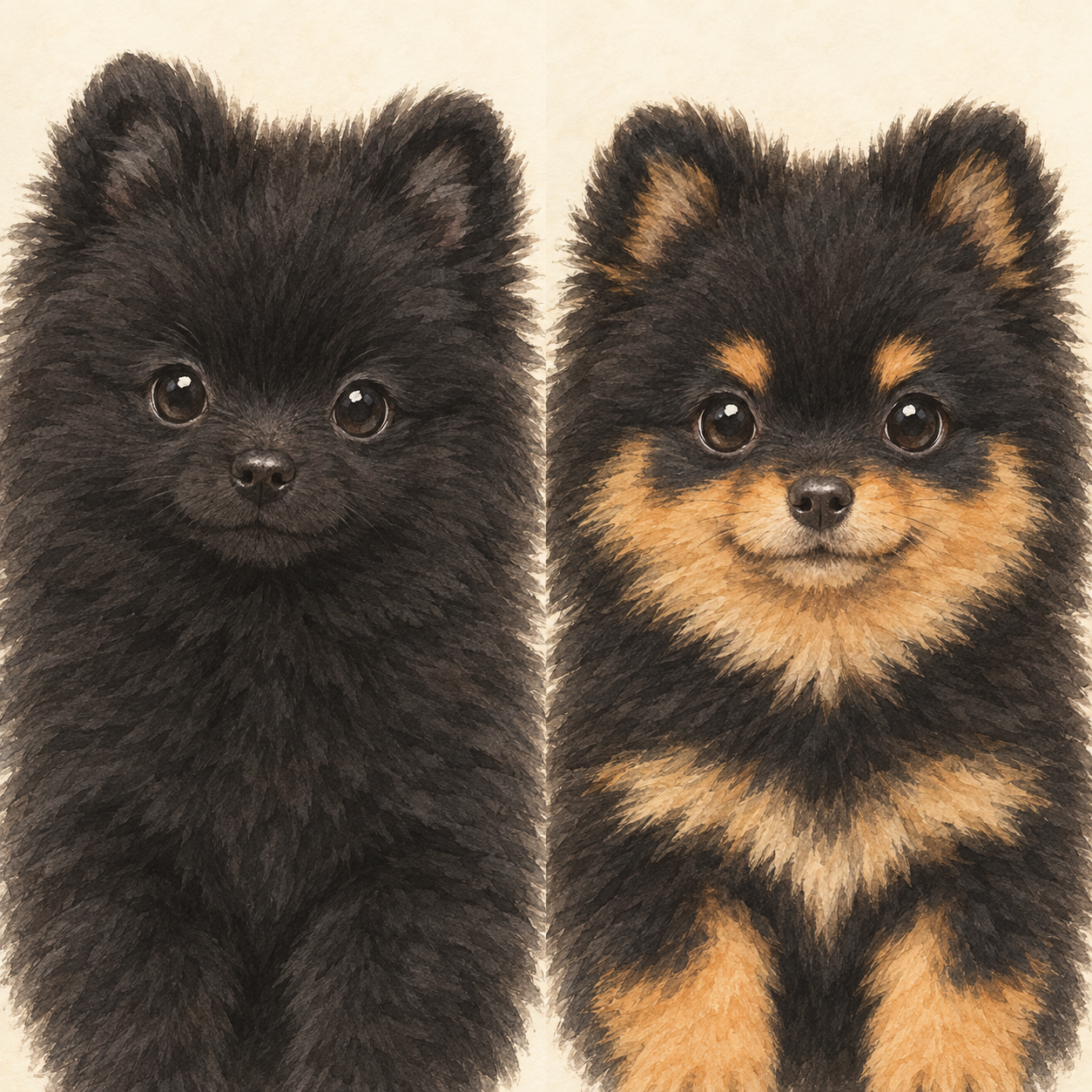 均一な黒のポメラニアンの子犬と、眉・口まわり・胸元・脚先に茶色の差し色があるブラックタンのポメラニアンの子犬を正面から並べた比較