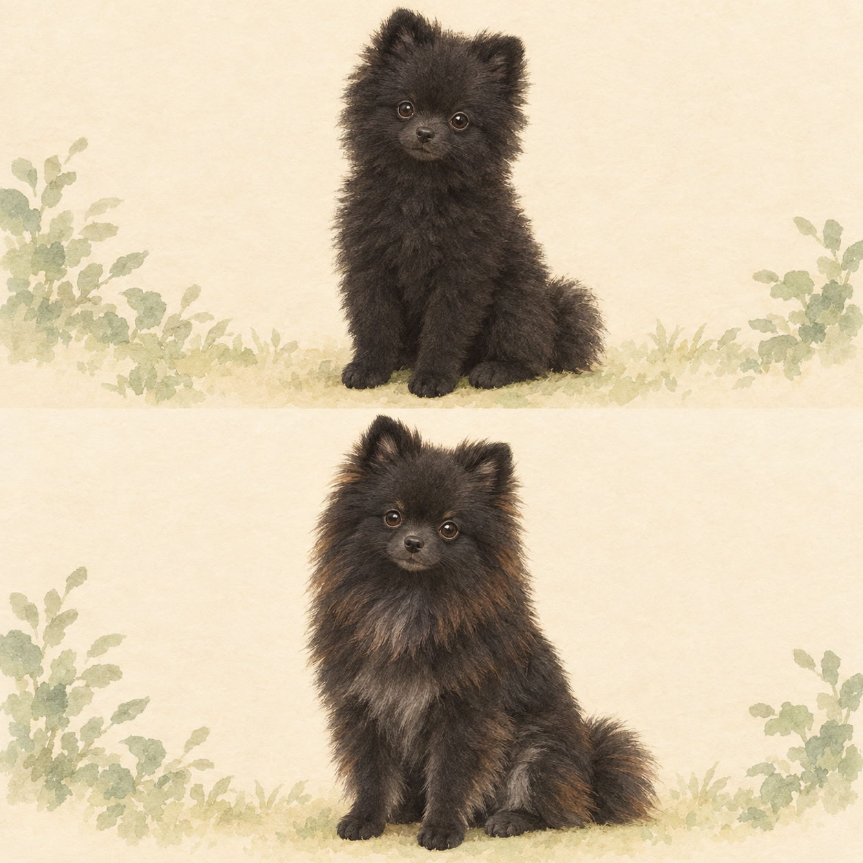 同じ黒いポメラニアンの子犬期と成犬期を並べ、成犬では毛先がわずかに茶色がかり下毛が灰色がかって見える様子