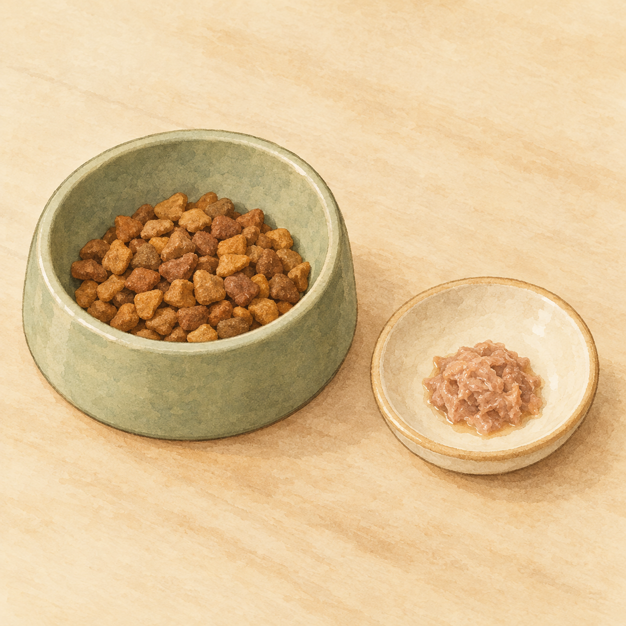 普段のカリカリが入った器と、少量のウェットを盛った別皿。健康な猫の食事変更では、普段の食事を続けながら新しいフードを別皿で試す。