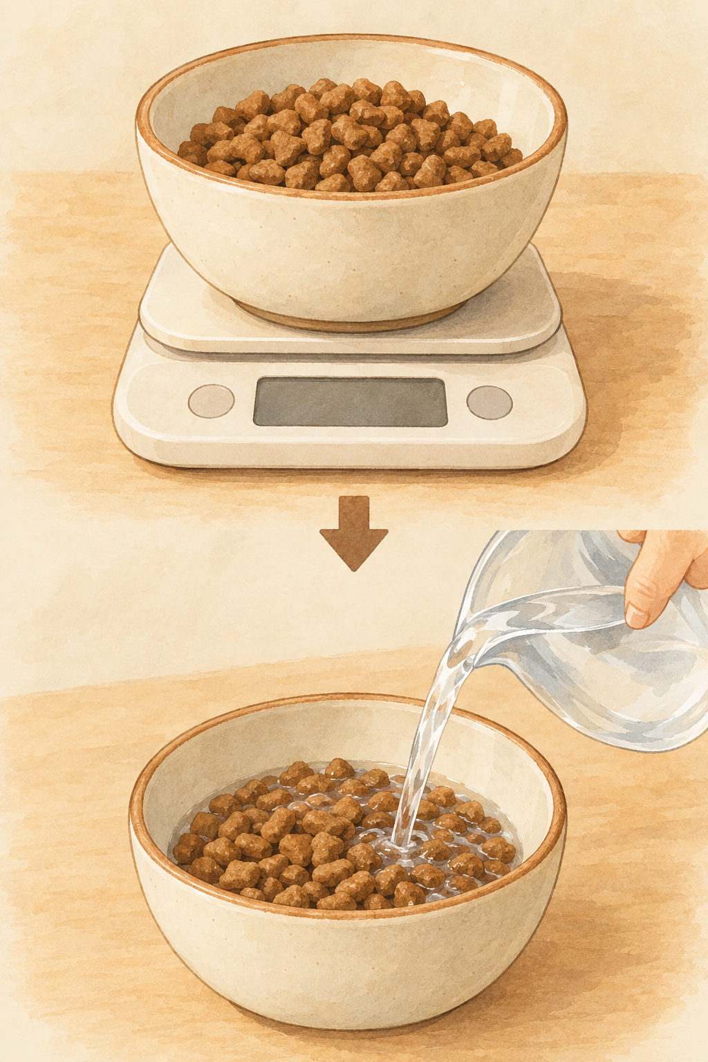 乾いたドライフードを器に入れて計量し、その後に水を加える順序。給与量の読み方と加水条件は、使用商品の表示やメーカー案内で確認します。