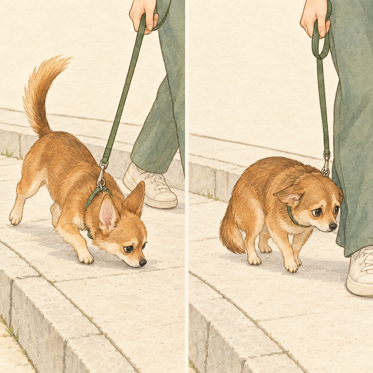 活発なタイプはにおいを嗅ぎながら進み、怖がりなタイプは飼い主の足元近くをゆっくり歩く、チワックスの散歩の進め方の違い