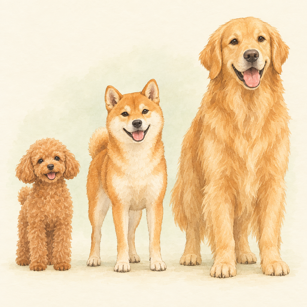小型犬のトイプードル、中型犬の柴犬、大型犬のゴールデン・レトリーバーが同じ地面に横一列に並び、体格の違いを比較している様子