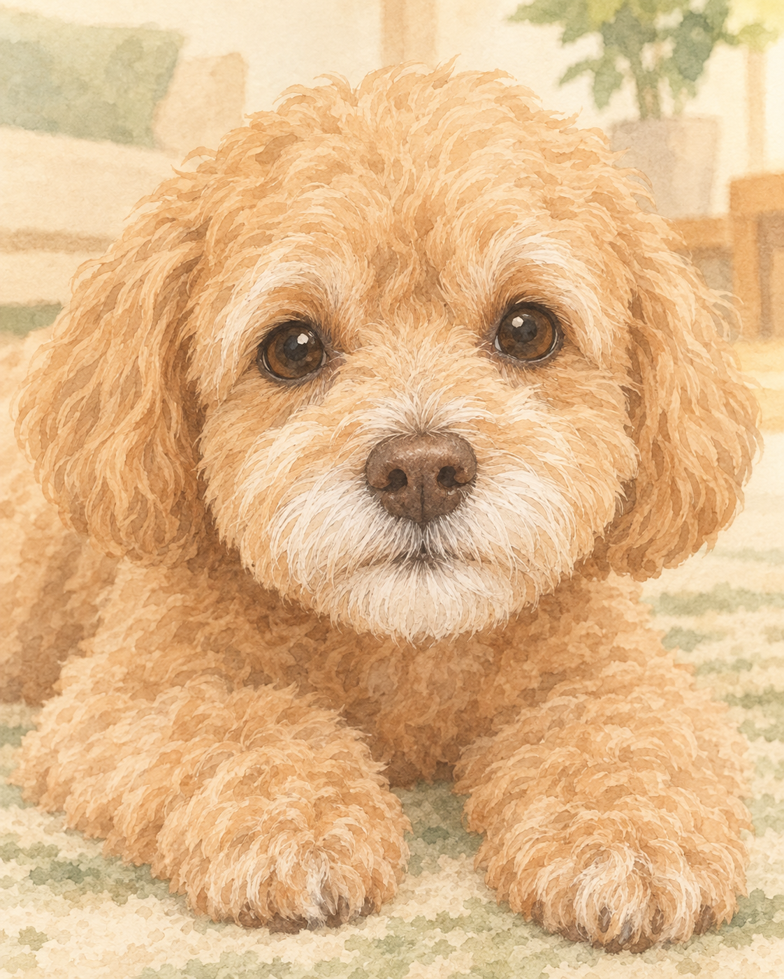 口まわりに白い毛が混ざり始めたシニア期の小型犬が室内のラグで穏やかに伏せている様子