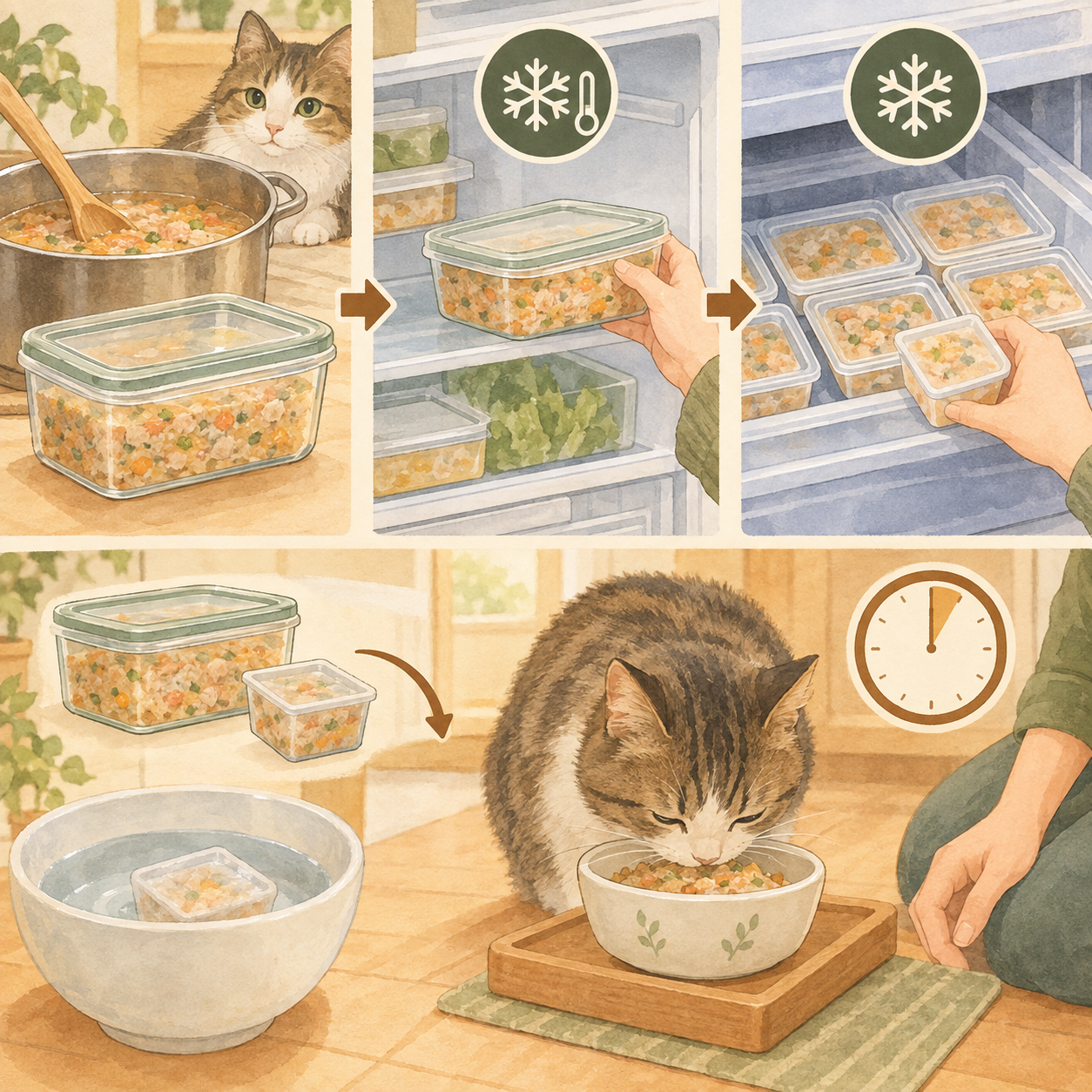 冷蔵・冷凍保存用の容器(密閉蓋付き、小分けポーション例)と、フードを食器に出して与える場面、20分程度で片付けるイメージを示すイラスト。数値や温度管理の詳細は表示なし。