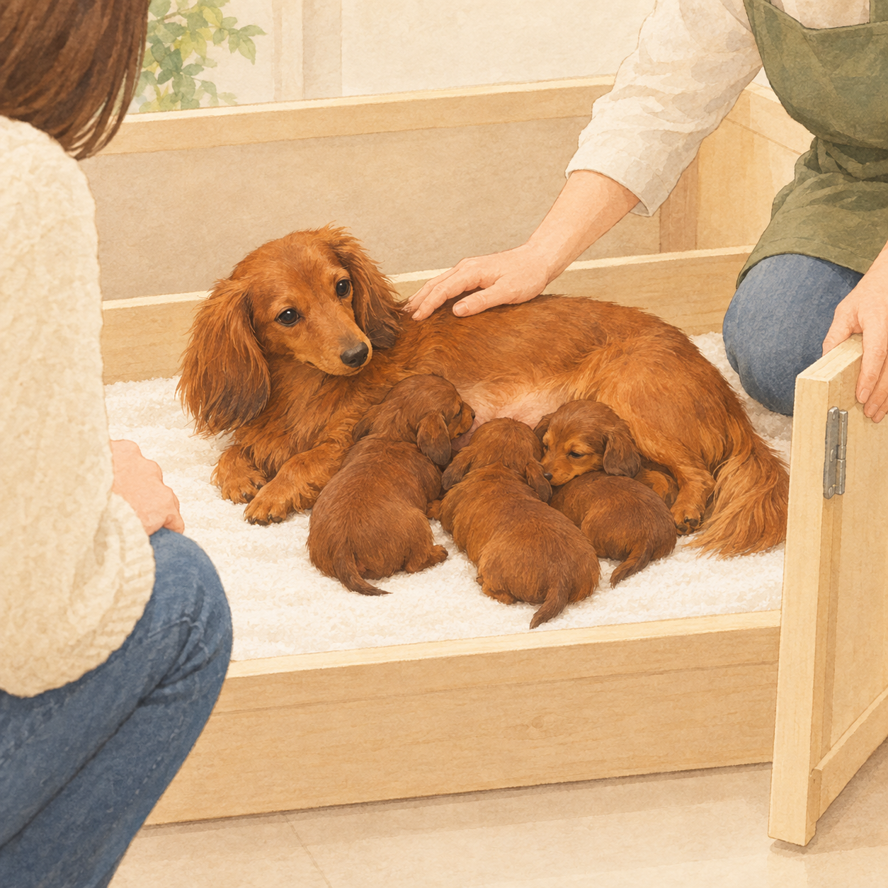 ブリーダー見学で、清潔な囲いの中にいる母犬と子犬を見学者がしゃがんで確認している場面