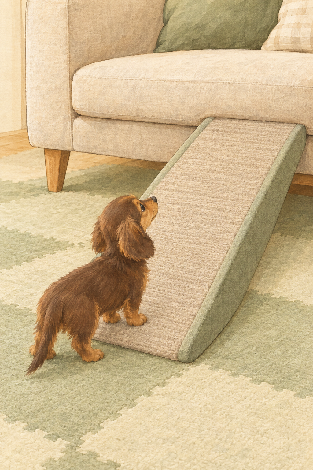 滑りにくいマットを敷いたリビングで、ソファ横のスロープの下に立つカニンヘンダックスフンドの子犬