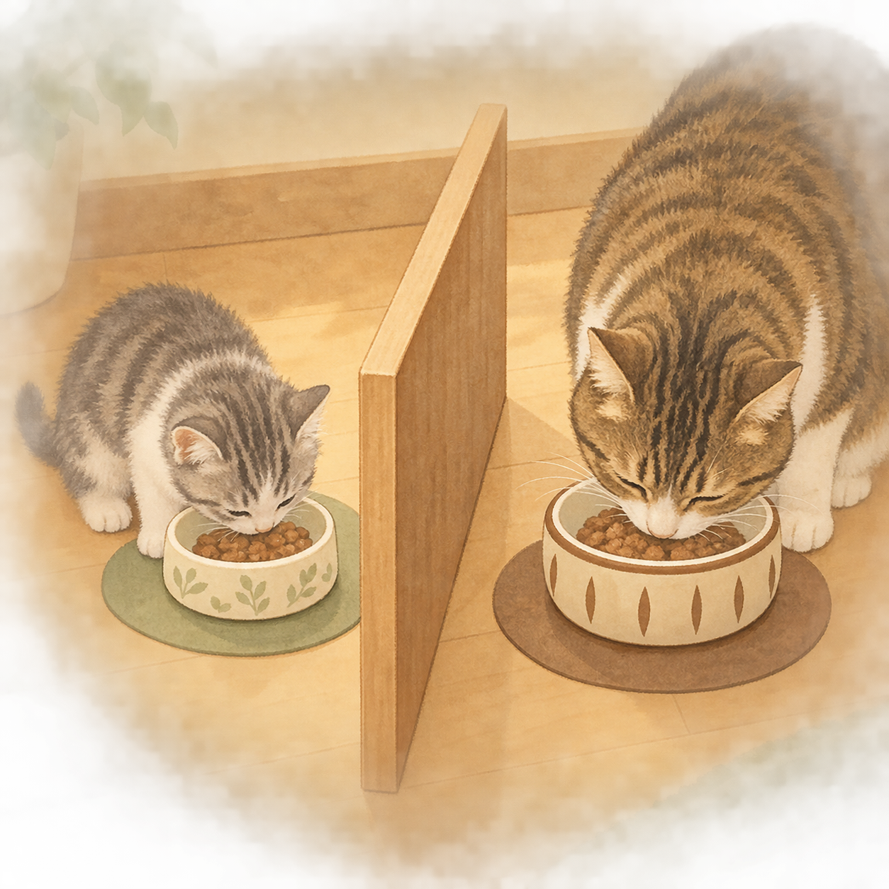 仕切りを挟んだ別々の食事スペースで、子猫と成猫がそれぞれの食器から食べる配置例。フードの共用可否とは別に、各猫の摂取量を個別に確認する。
