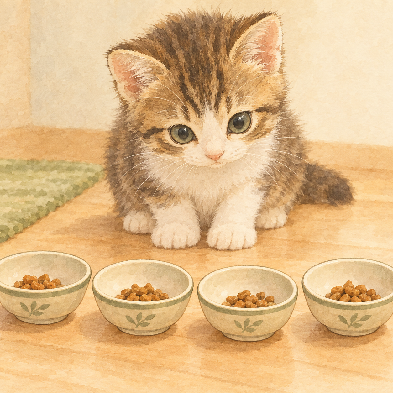 生後3ヶ月の子猫と1日3〜4回に小分けにして与えるフード皿